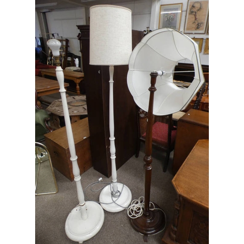 42 - PAIR OF PAINTED STANDARD LAMPS WITH TURNED COLUMNS ON CIRCULAR BASES & 1 OTHER SIMILAR MAHOGANY STAN... 