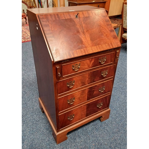 43 - 20TH CENTURY MAHOGANY BUREAU WITH FALL FRONT OVER 4 GRADUATED DRAWERS - 97 CM TALL X 53 CM WIDE