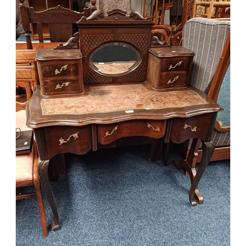 44 - 20TH CENTURY MAHOGANY LADIES WRITING DESK WITH MIRROR BACK & 4 FRIEZE DRAWERS OVER 3 DRAWERS ON DECO... 