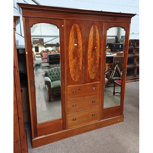 458 - EARLY 20TH CENTURY INLAID MAHOGANY WARDROBE WITH CENTRALLY SET PANEL DOORS OVER 3 DRAWERS FLANKED ON... 