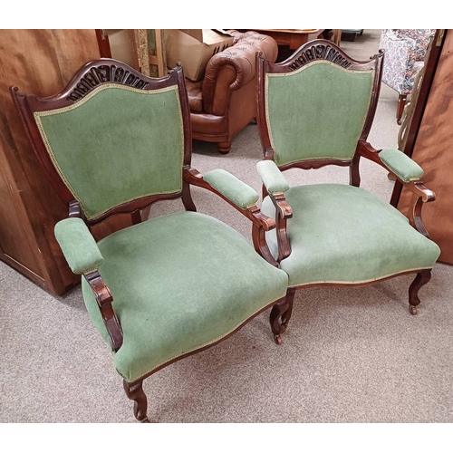 47 - PAIR OF MAHOGANY ARTS & CRAFTS STYLE ARMCHAIRS WITH DECORATIVE SHAPED BACK & SHAPED SUPPORTS