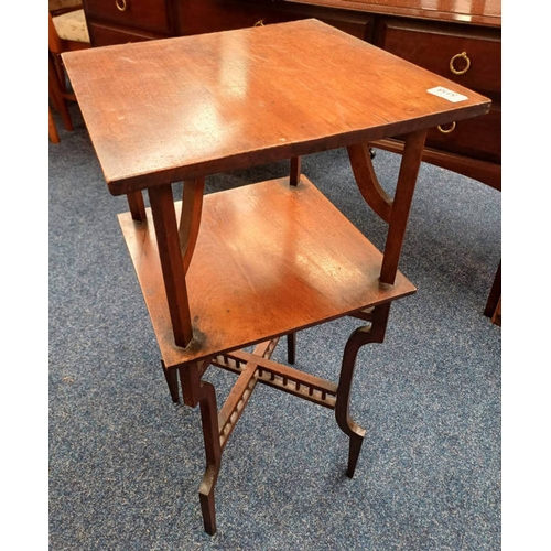 51 - ARTS & CRAFTS STYLE MAHOGANY TABLE WITH SQUARE TOP, UNDERSHELF & SHAPED SUPPORTS.  HEIGHT 76 CMS