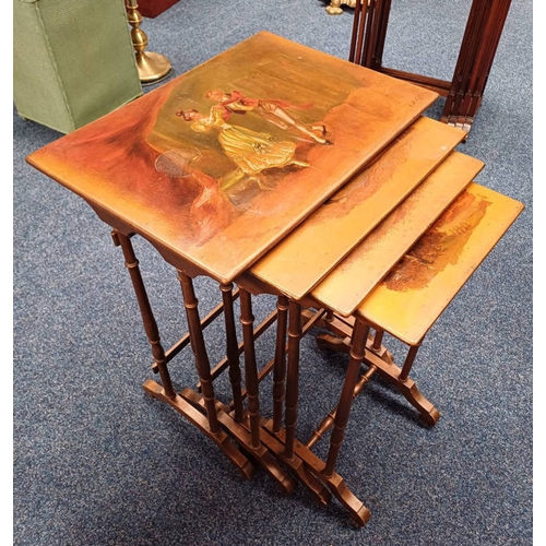 60 - SET OF 4 NEST OF TABLES WITH GILT & PAINTED DECORATION OF 17TH/18TH CENTURY FIGURES DANCING - 71 CM ... 