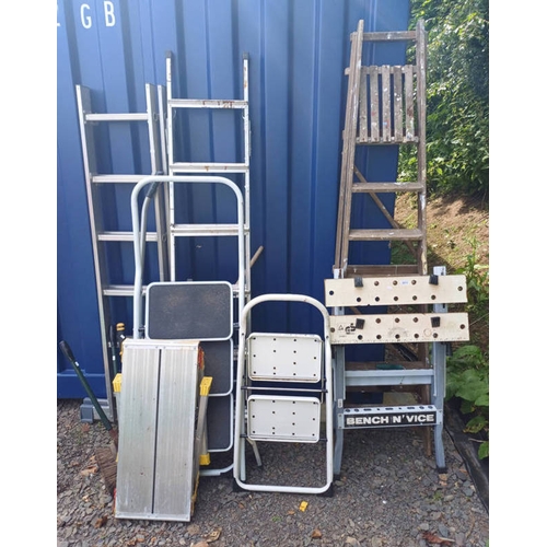 6012 - 2 ALUMINIUM LADDERS & 2 OTHERS, & G S FOLDING WORK BENCH, ETC