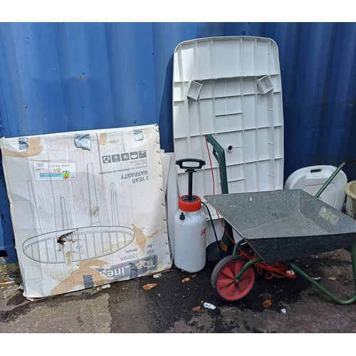 6018 - 2 PLASTIC GARDEN TABLES, METAL WHEELBARROW, ETC