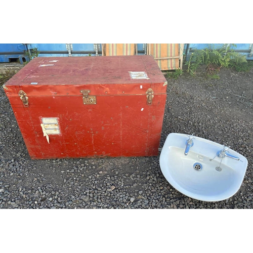 6032 - METAL BOUND TRUNK & CONTENTS OF BATHROOM SINK