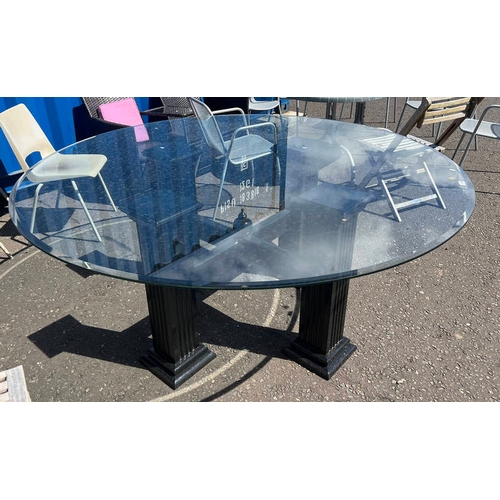 6100 - LARGE GLASS TOPPED CIRCULAR TABLE ON PAINTED BASE WITH 4 REEDED SQUARE COLUMNS ON PLINTH BASES. DIAM... 