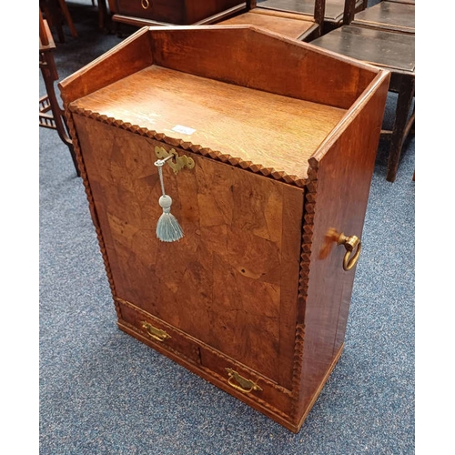 64 - EARLY 20TH CENTURY OAK ESTATE CABINET WITH FALL FRONT & FITTED INTERIOR OVER 2 DRAWERS. 75 CM TALL