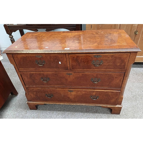 8 - 19TH CENTURY STYLE WALNUT CHEST WITH DECORATIVE FEATHER BANDING & 2 SHORT OVER 2 LONG DRAWERS ON BRA... 