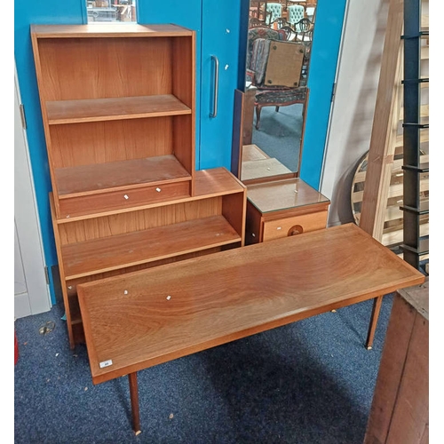 86 - TEAK RECTANGULAR COFFEE TABLE, TEAK CHEVAL MIRROR WITH 2 DRAWERS TO BASE & 2 OPEN BOOKCASES