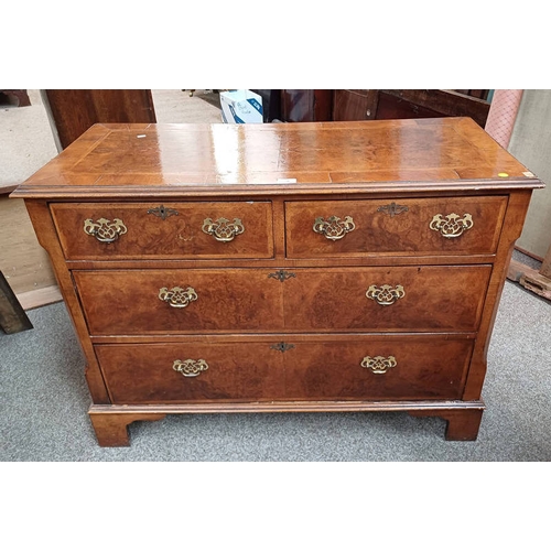 9 - 19TH CENTURY STYLE WALNUT CHEST WITH DECORATIVE FEATHER BANDING & 2 SHORT OVER 2 LONG DRAWERS ON BRA... 