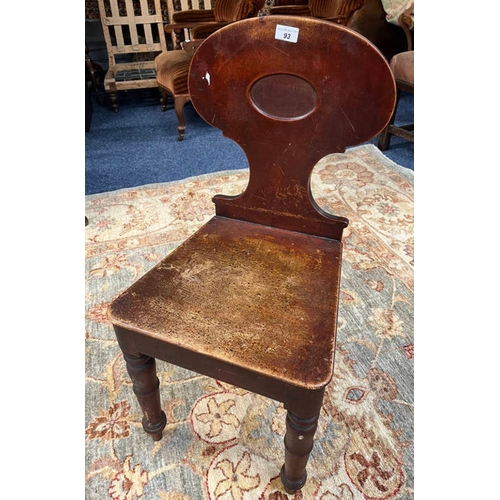 93 - 19TH CENTURY MAHOGANY HALL CHAIR ON TURNED SUPPORTS.  85 CM TALL