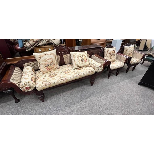 10 - EASTERN HARDWOOD FRAMED 3 PIECE BERGERE SUITE WITH CARVED DECORATION ON TURNED SUPPORTS.