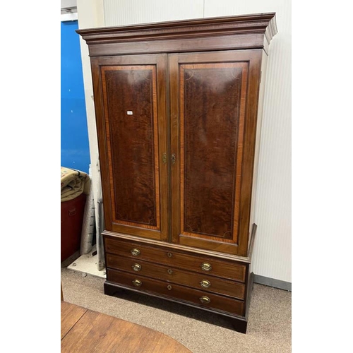 100 - LATE 19TH CENTURY INLAID MAHOGANY 2 DOOR WARDROBE WITH 3 DRAWERS TO BASE ON BRACKET SUPPORTS, 210CM ... 