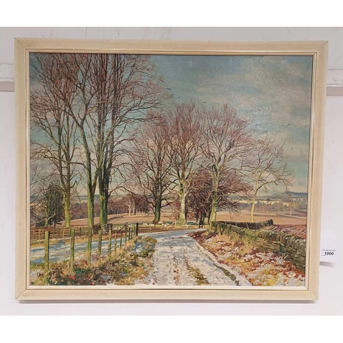 1000 - J MCINTOSH PATRICK - (ARR),   WINTER ROAD & OPEN FIELDS,  SIGNED,  FRAMED OIL ON CANVAS,  62 X 75 CM