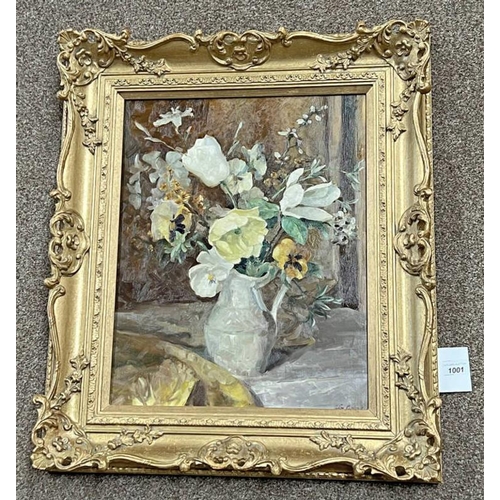 1001 - COLIN C CAMPBELL,  STILL LIFE FLOWERS IN VASE SIGNED, LABEL TO REVERSE GILT FRAMED OIL ON BOARD 49 X... 