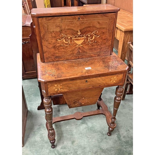 104 - 19TH CENTURY INLAID WALNUT SEWING TABLE WITH FALL FRONT OVER SINGLE DRAWER WITH DEEP DRAWER BELOW ON... 