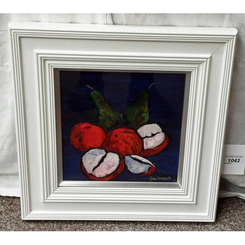 1042 - JANE DUCKFIELD - (ARR),  APPLES & PEARS SIGNED, LABEL TO REVERSE FRAMED ACRYLIC ON BOARD 22 X 22 CM