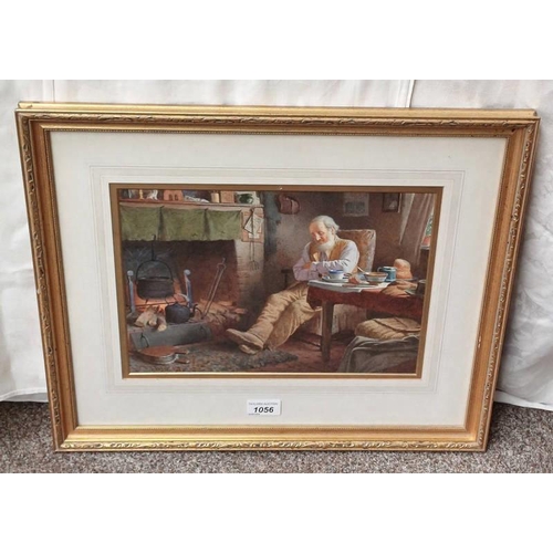 1056 - HENRY TOZER,  POST-BREAKFAST NAP SIGNED GILT FRAMED WATERCOLOUR 23 X 32 CM