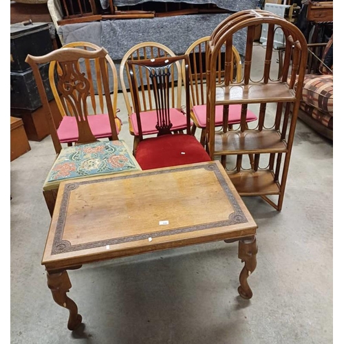 106 - CARVED HARDWOOD ELEPHANT COFFEE TABLE, PINE KITCHEN CHAIRS, BAMBOO SHELVES ETC.