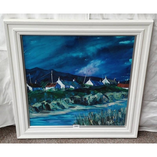 1063 - JANE DUCKFIELD - (ARR),  STORMY SKIES, CALM SHORE SIGNED FRAMED ACRYLIC 58 X 58 CM