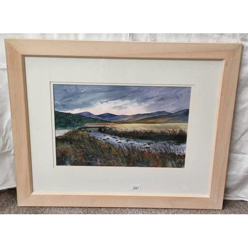 1067 - JANE DUCKFIELD - (ARR),  HIGHLANDS STREAM SIGNED FRAMED WATERCOLOUR 33 X 50 CM