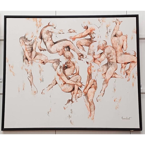 1080 - MEN DANCING,   INDISTINCTLY SIGNED & DATED 2017,  LARGE FRAMED ACRYLIC ON CANVAS,  150 X 179 CM.