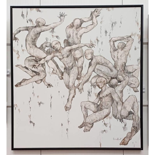 1084 - MEN DANCING #2,  INDISTINCTLY SIGNED,  LARGE FRAMED ACRYLIC ON CANVAS ,  165 X 150 CM.