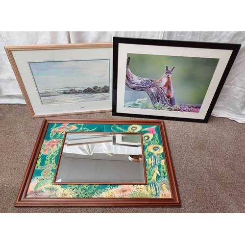 1089 - MWM PRENTICE, WINTER SCENE, SIGNED, WATERCOLOUR, TILED WALL MIRROR DECORATED WITH FISH, & FRAMED PHO... 