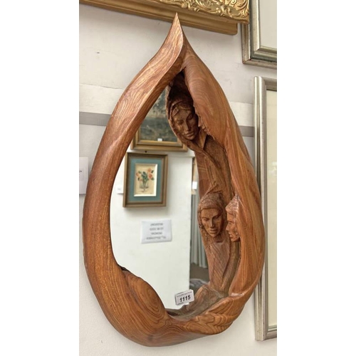 1115 - ARTS & CRAFTS STYLE CARVED WOOD MIRROR WITH FACES