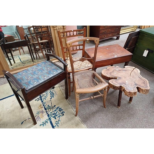 113 - RUSTIC WOODEN OCCASIONAL TABLE, INLAID WALNUT HAND CHAIR & 1 OTHER CHAIR, ETC