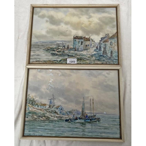 1203 - HAMILTON GLASS,  SEASIDE TOWN SCENES,  BOTH SIGNED,  2 FRAMED WATERCOLOURS,  25 CM X 35 CM