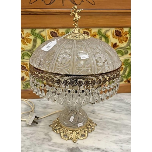 130 - CUT GLASS TABLE LAMP WITH CUT GLASS DROP DECORATION