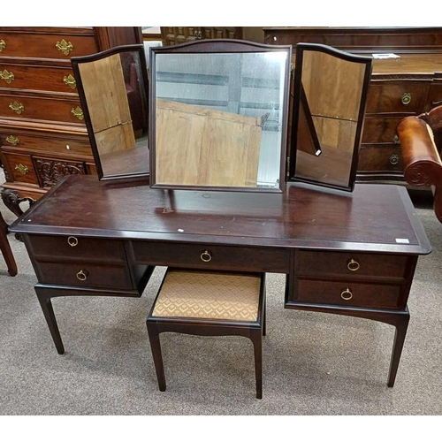 134 - STAG MAHOGANY DRESSING TABLE WITH MIRRORS OVER 5 DRAWERS AND STOOL