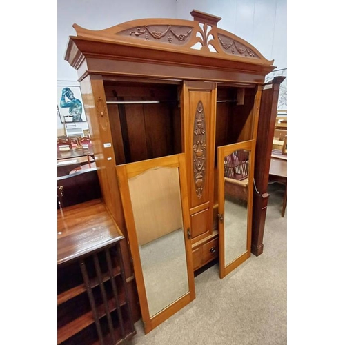 138 - LATE 19TH CENTURY WALNUT 2 DOOR WARDROBE WITH DECORATIVE CORNICE & 2 DRAWERS TO BASE, 228 CM TALL