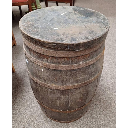 140 - OAK LIDDED BARREL WITH IRON BANDING - 74 CM TALL