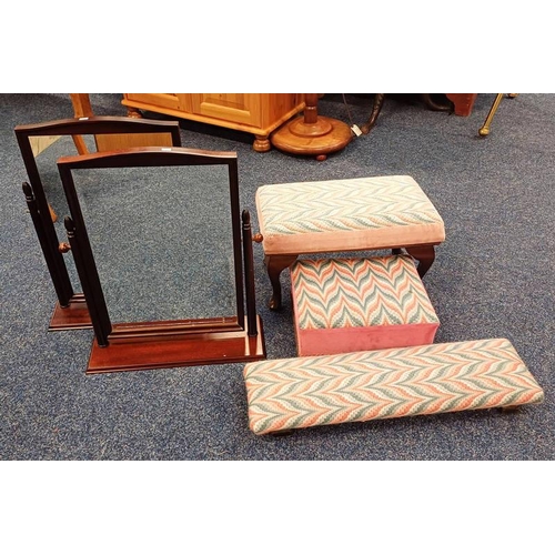 148 - MAHOGANY FRAMED FOOTSTOOL & 2 OTHER STOOLS, PAIR OF DRESSING TABLE MIRRORS