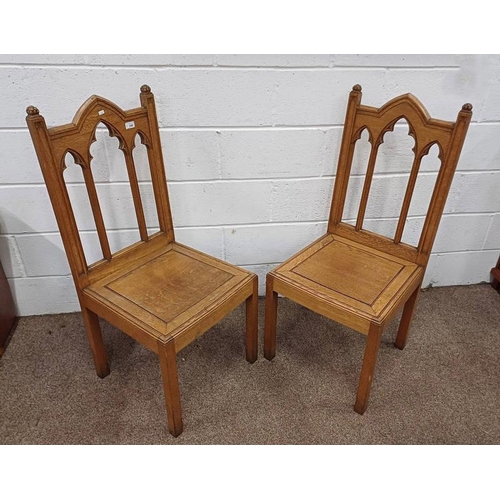 150 - PAIR OF EARLY 20TH CENTURY OAK GOTHIC REVIVAL STYLE CHAIRS ON SQUARE SUPPORTS