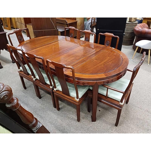 155 - CHINESE CHERRY WOOD EXTENDING DINING TABLE WITH 2 EXTRA LEAVES & SET OF 8 DINING CHAIRS INCLUDING 2 ... 