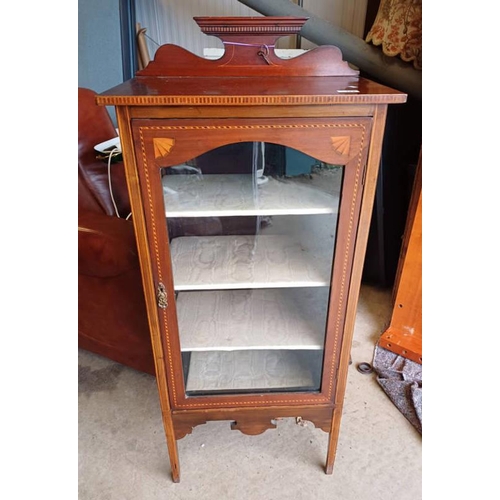 164 - LATE 19TH CENTURY INLAID MAHOGANY DISPLAY CABINET WITH SINGLE GLAZED PANEL DOOR OPENING TO SHELVED I... 