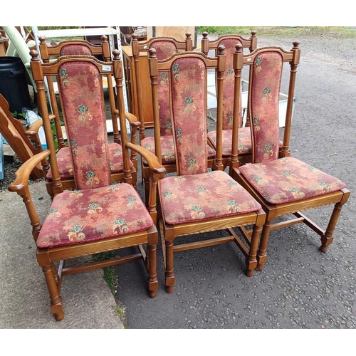 168 - SET OF 6 ERCOL OAK DINING CHAIRS INCLUDING 2 ARMCHAIRS ON TURNED SUPPORTS