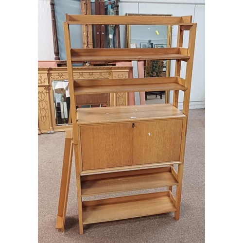 173 - MID 20TH CENTURY OAK OPEN BOOKCASE WITH SINGLE FALL FRONT PANEL DOOR, 160 CM TALL