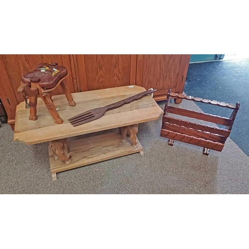 175 - EASTERN HARDWOOD TABLE ON CARVED ELEPHANT SUPPORTS, SMALL CARVED STOOL, ETC.