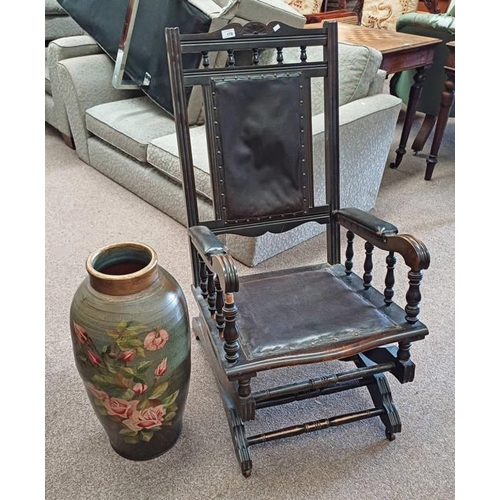 178 - LATE 19TH CENTURY MAHOGANY AMERICAN STYLE ROCKING CHAIR AND PORCELAIN STICK STAND WITH FLORAL DECORA... 