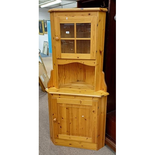 180 - PINE CORNER CABINET WITH GLAZED PANEL DOOR OVER BASE WITH PANEL DOOR