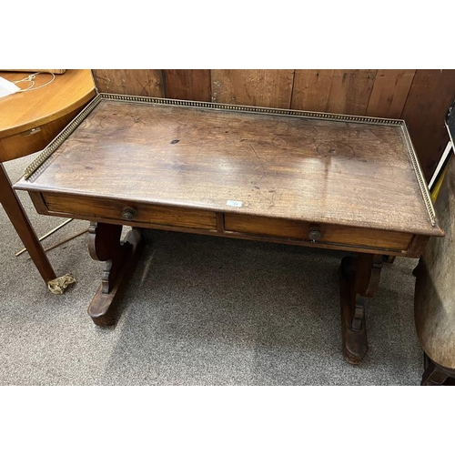 19 - 19TH CENTURY MAHOGANY LIBRARY TABLE WITH BRASS GALLERY TOP OVER 2 DRAWERS.  72 CM TALL X 110 CM WIDE