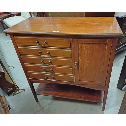 39 - EARLY 20TH CENTURY WALNUT MUSIC CABINET WITH 5 DRAWERS & PANEL DOOR ON SQUARE TAPERED SUPPORTS, 84CM... 