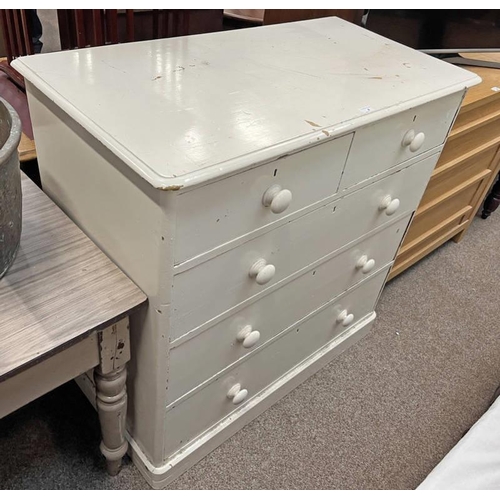 4 - 19TH CENTURY PAINTED PINE CHEST OF 2 SHORT OVER 3 LONG DRAWERS ON PLINTH BASE.  104 CM X 104 CM