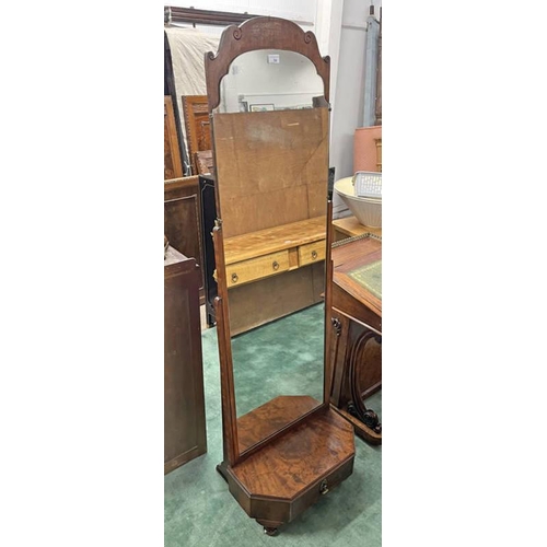 54 - 20TH CENTURY MAHOGANY CHEVAL MIRROR WITH SINGLE DRAWER TO BASE.  167 CM TALL