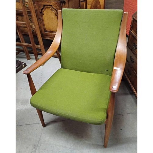 56 - MID/LATE 20TH CENTURY TEAK OPEN ARMCHAIR ON TURNED SUPPORTS WITH PLAQUE FOR F.D, 87CM TALL